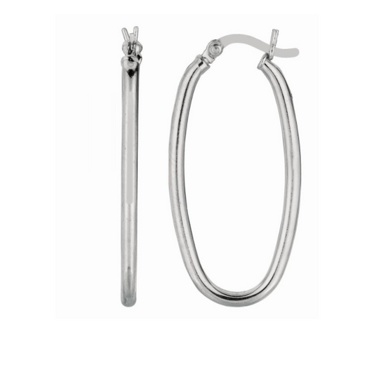 Silver Long Oval Hoop Earrings, 14mm